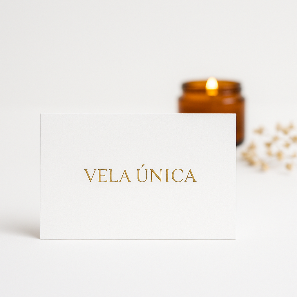 Tarjeta de regalo Vela Única sobre fondo blanco con logo dorado, estilo minimalista y elegante.