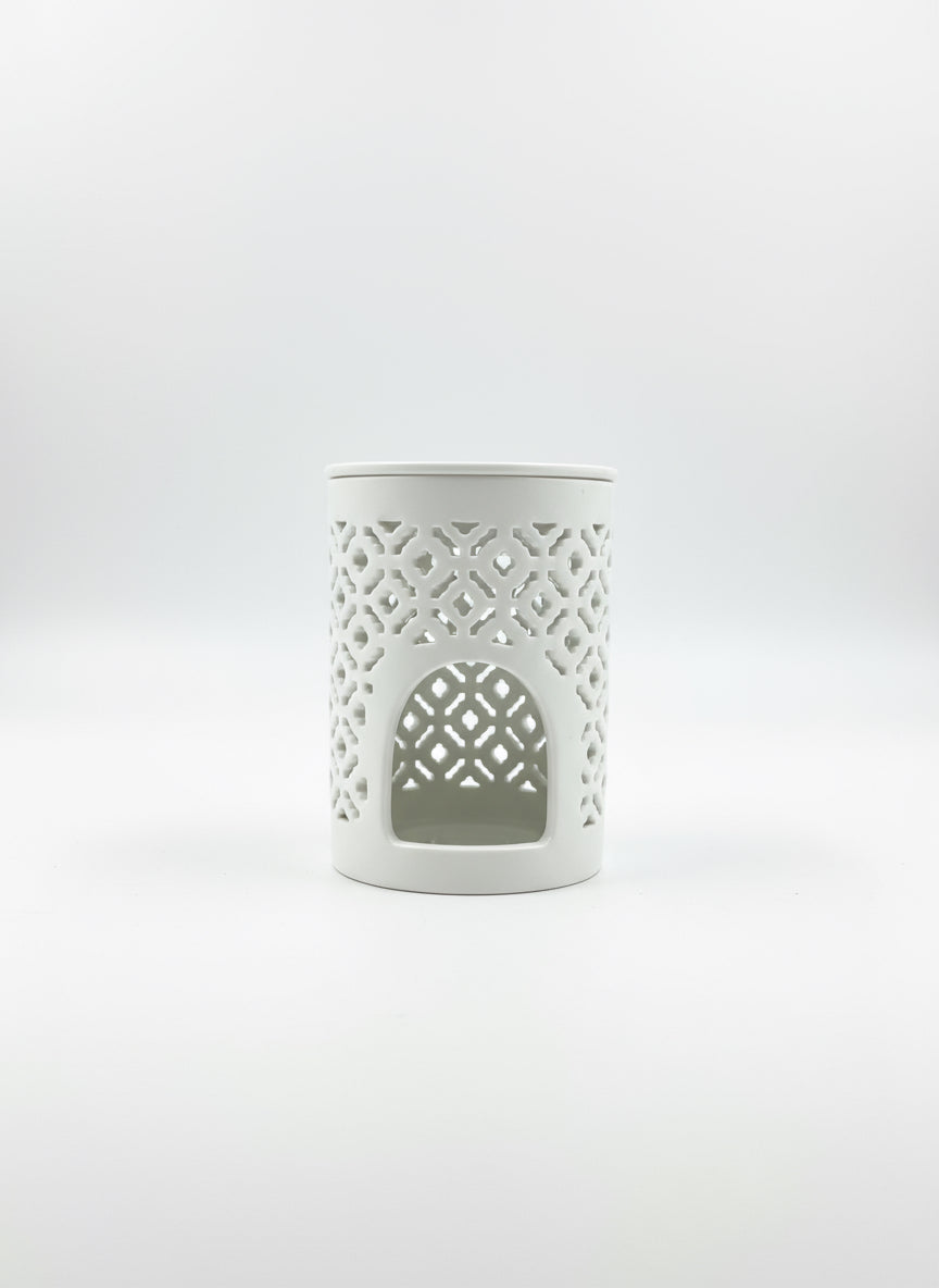 Quemador Calado Árabe de cerámica blanca con diseño perforado para Wax Melts y aceites, Vela Única.