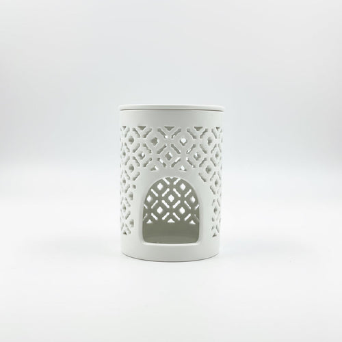 Quemador Calado Árabe de cerámica blanca con diseño perforado para Wax Melts y aceites, Vela Única.